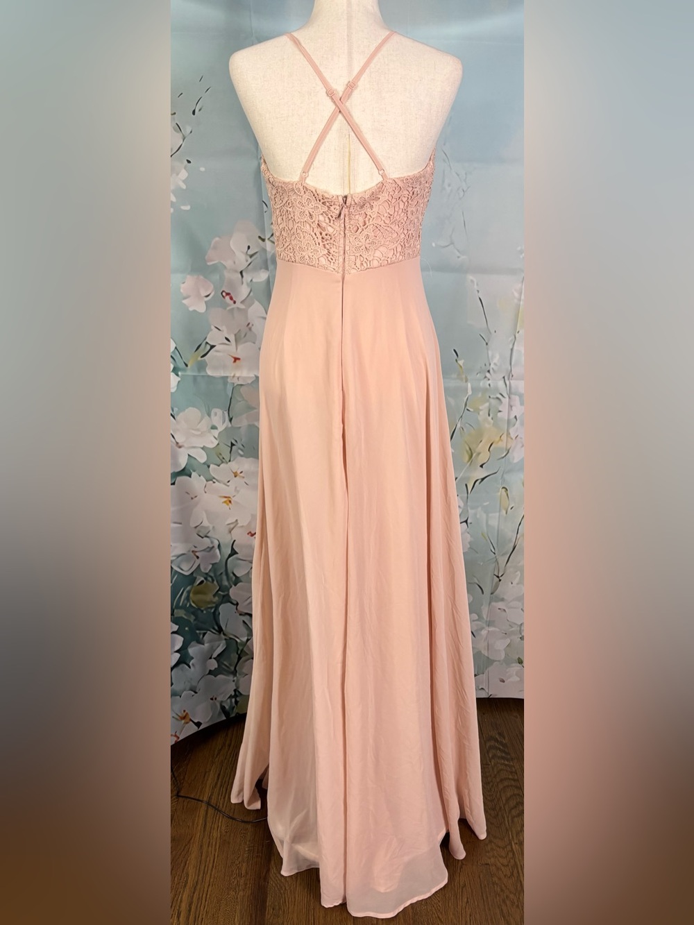 Lulus Madalyn Blush Lace Maxi Dress Zipper Back Adjustable Straps Medium EUC - Picture 5 of 16